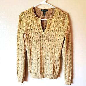 Lauren Petite Sz PM Metallic Gold Cable Knit Ribbed Long Sleeve V Neck Sweater